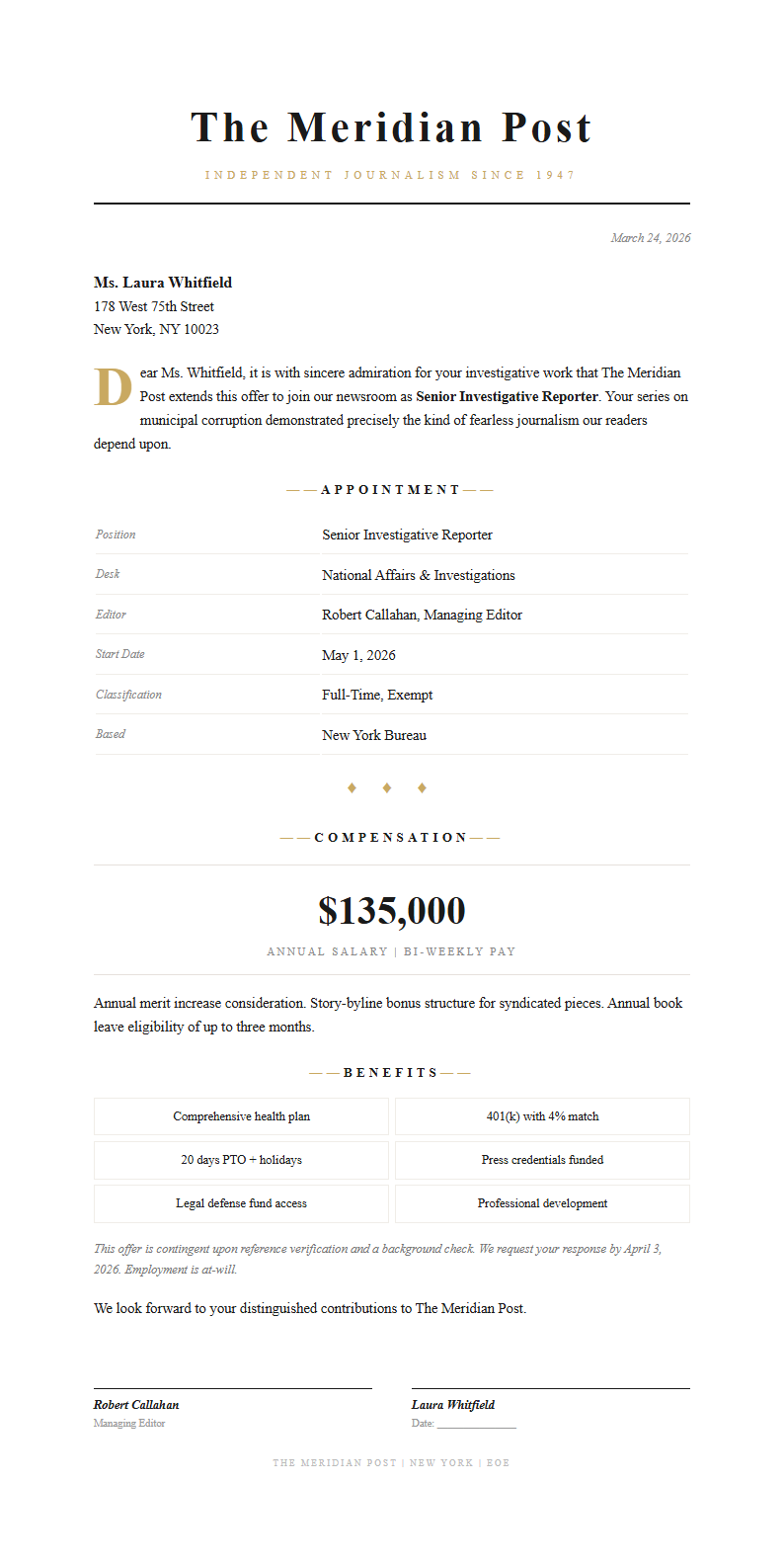 Editorial magazine job offer letter